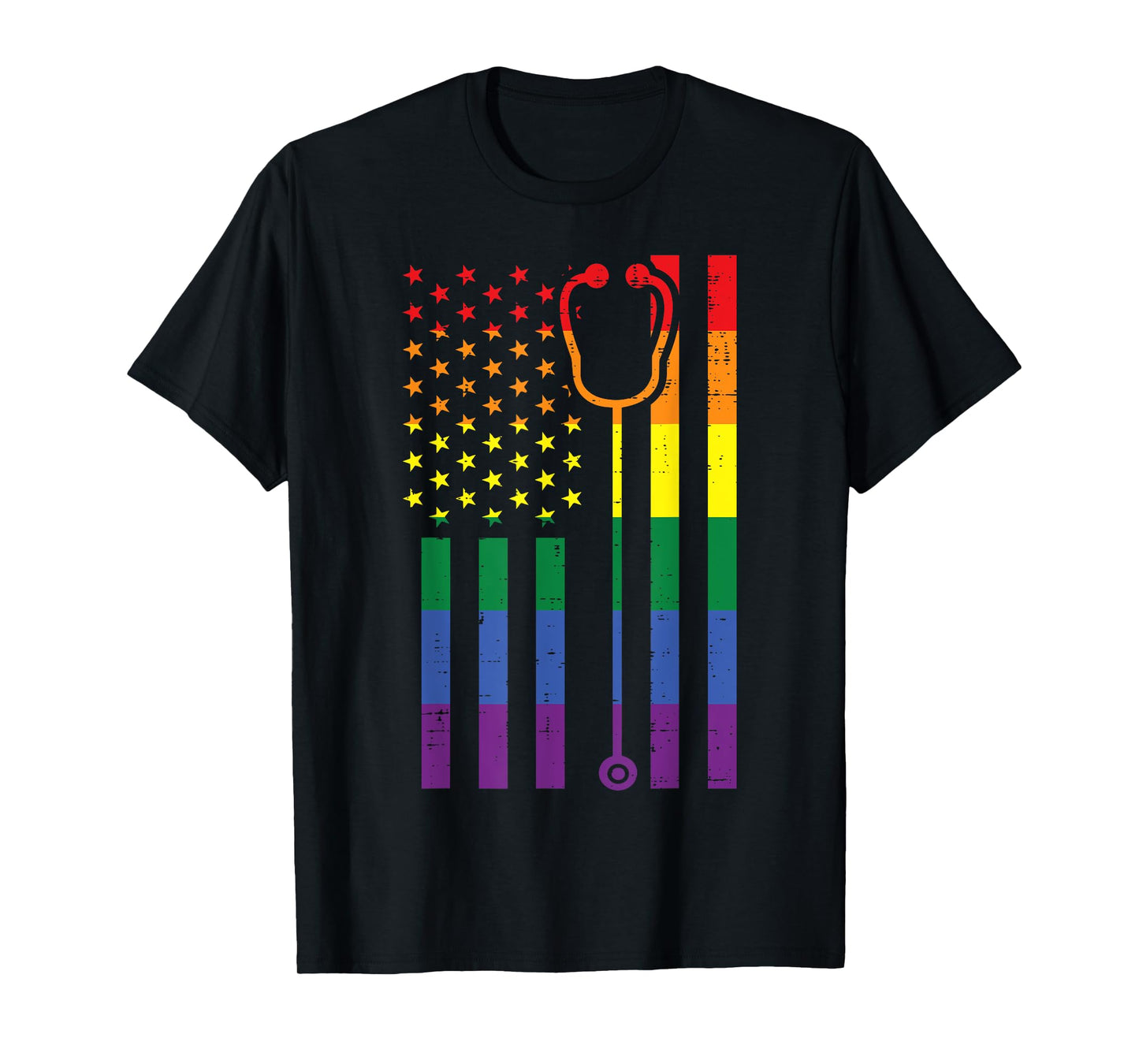 180g pure cotton round neck single side printed T-shirt, rainbow American flag stethoscope gay pride LGBTQ nursing nurse T-shirt, casual T-shirts for men and women, perfect T-shirt for holiday gifts, Christmas gifts, 2025 gifts, New Year gifts