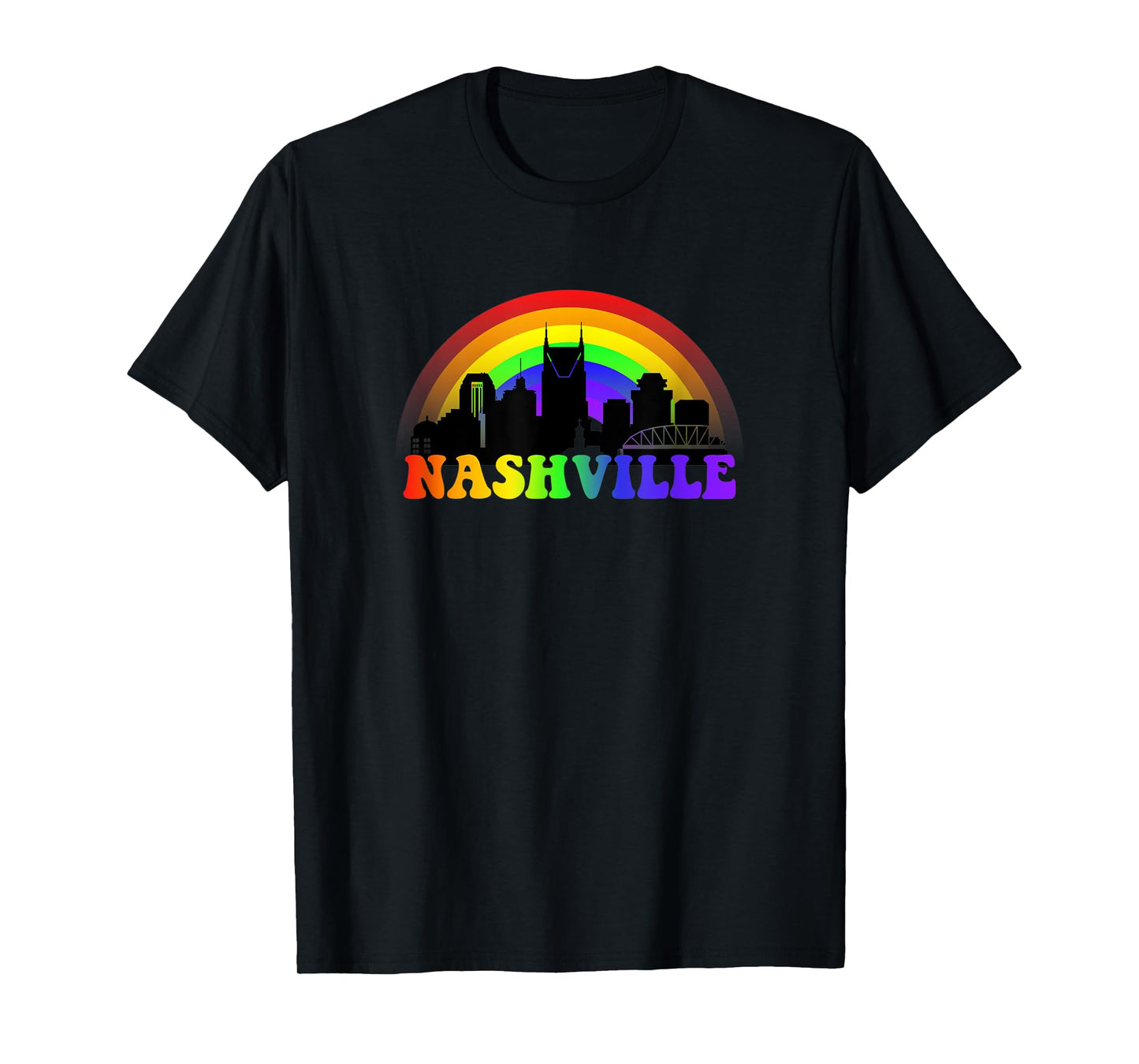 180g cotton round neck single side printed T-shirt, Nashville Pride LGBTQ gay city silhouette rainbow T-shirt, casual T-shirts for men and women, perfect T-shirt for holiday gifts, Christmas gifts, 2025 gifts, New Year gifts