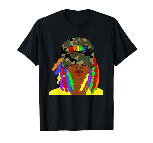 180g cotton round neck single side printed t-shirt, African American lesbian gay pride rainbow braid camouflage t-shirt, casual t-shirt for men and women, perfect t-shirt for holiday gift, Christmas gift, 2025 gift, New Year gift