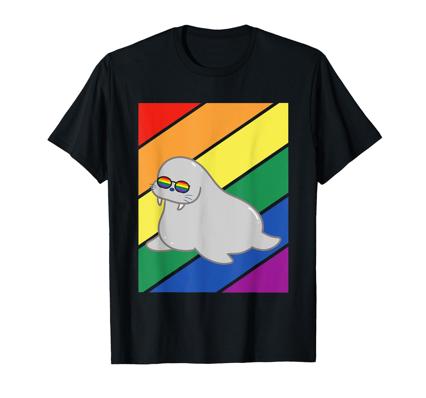 180g pure cotton round neck single side printed T-shirt, LGBTQ flag gay pride month rainbow walrus LGBT glasses T-shirt, casual T-shirts for men and women, perfect T-shirt for holiday gifts, Christmas gifts, 2025 gifts, New Year gifts