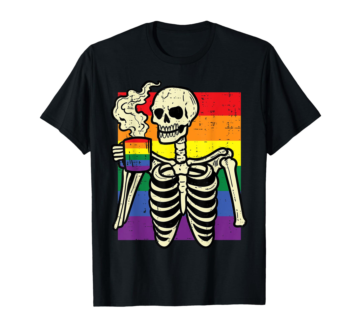 180g pure cotton round neck single side printed T-shirt, gay pride skull coffee funny rainbow flag LGBTQ men's women's T-shirt, casual T-shirts for men and women, perfect T-shirt for holiday gifts, Christmas gifts, 2025 gifts, New Year gifts